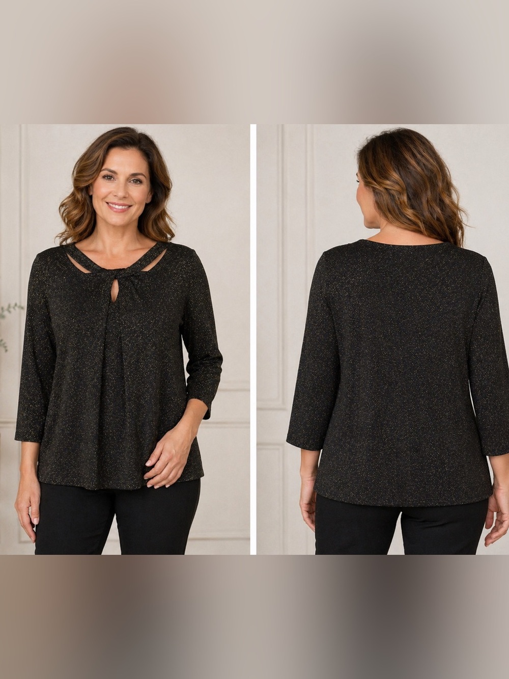 Sparkle Keyhole 3/4 Sleeve Women's Top - Black